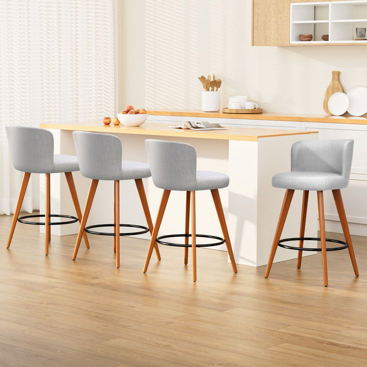 Linen Mist Set of 4 Bar Stools – Faux Linen Padded Seat &amp; Backrest | Plywood Frame | Steel Footrest | 150kg | Light Grey - Greenora Living