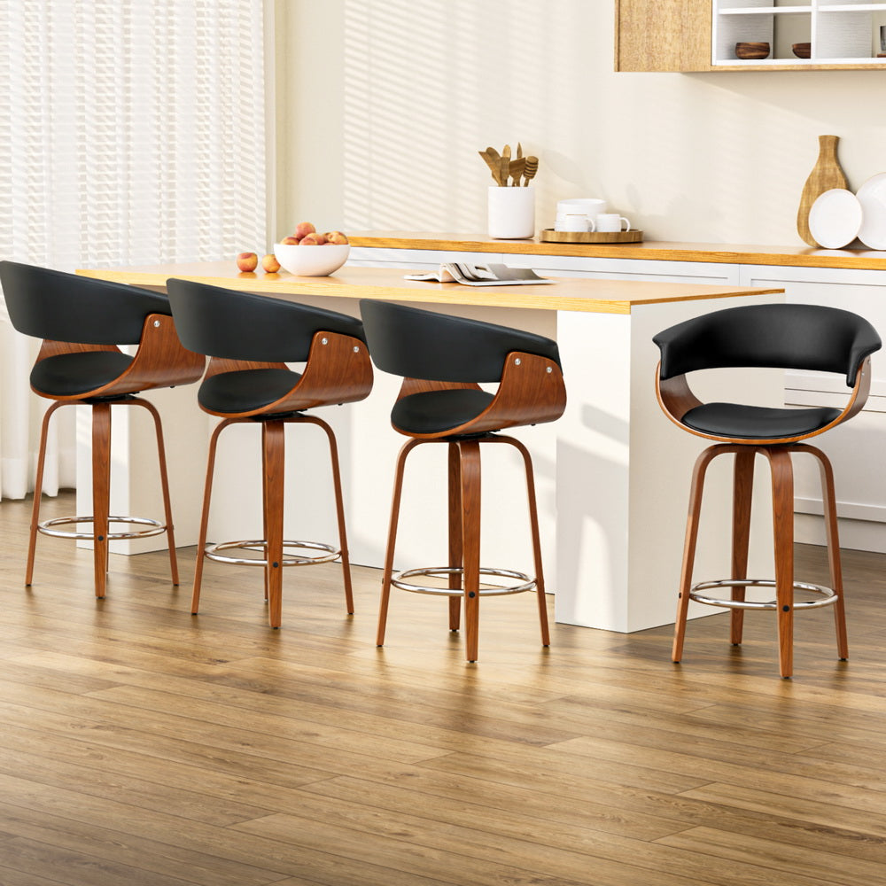 Set of 4 Swivel Bar Stools – Bentwood Frame | PU Leather Padded Seat & Armrests | 150kg | Walnut & Black - Greenora Living