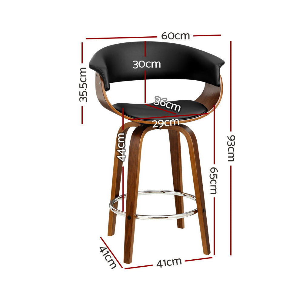 Set of 4 Swivel Bar Stools – Bentwood Frame | PU Leather Padded Seat &amp; Armrests | 150kg | Walnut &amp; Black - Greenora Living