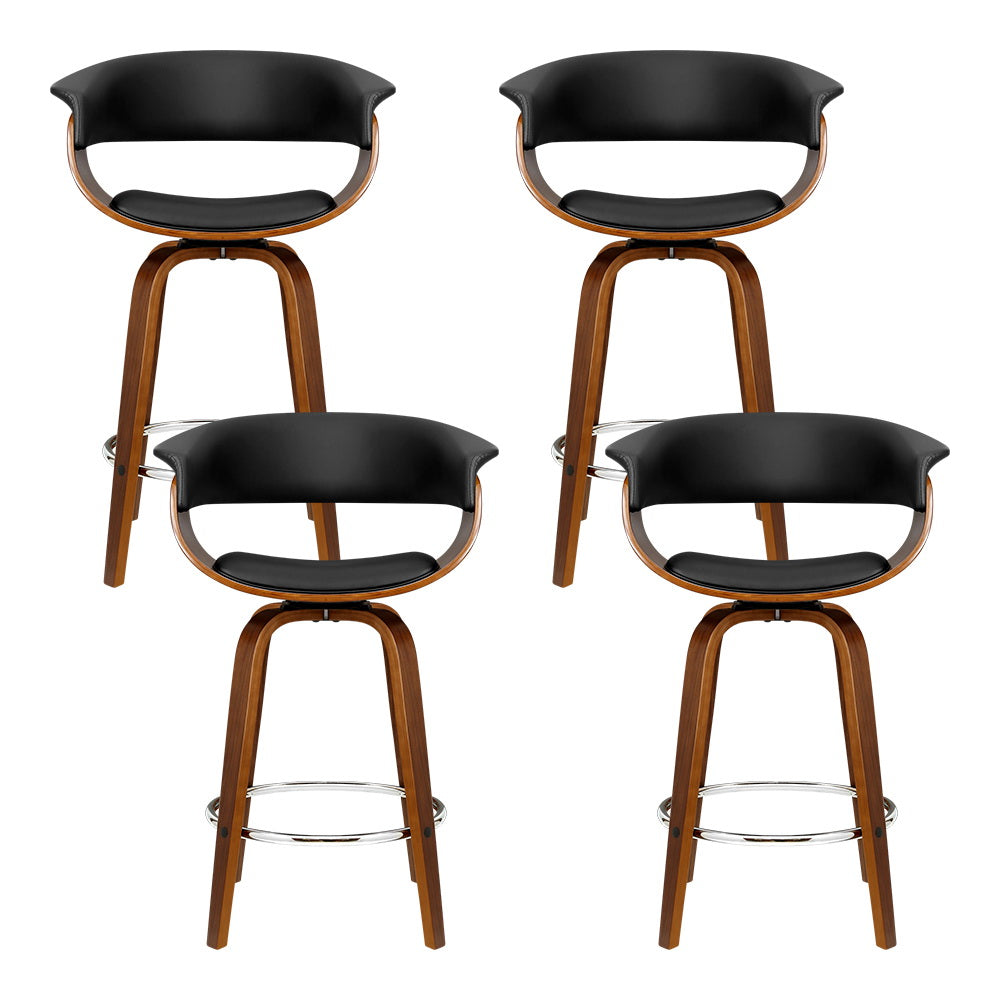 Set of 4 Swivel Bar Stools – Bentwood Frame | PU Leather Padded Seat &amp; Armrests | 150kg | Walnut &amp; Black - Greenora Living