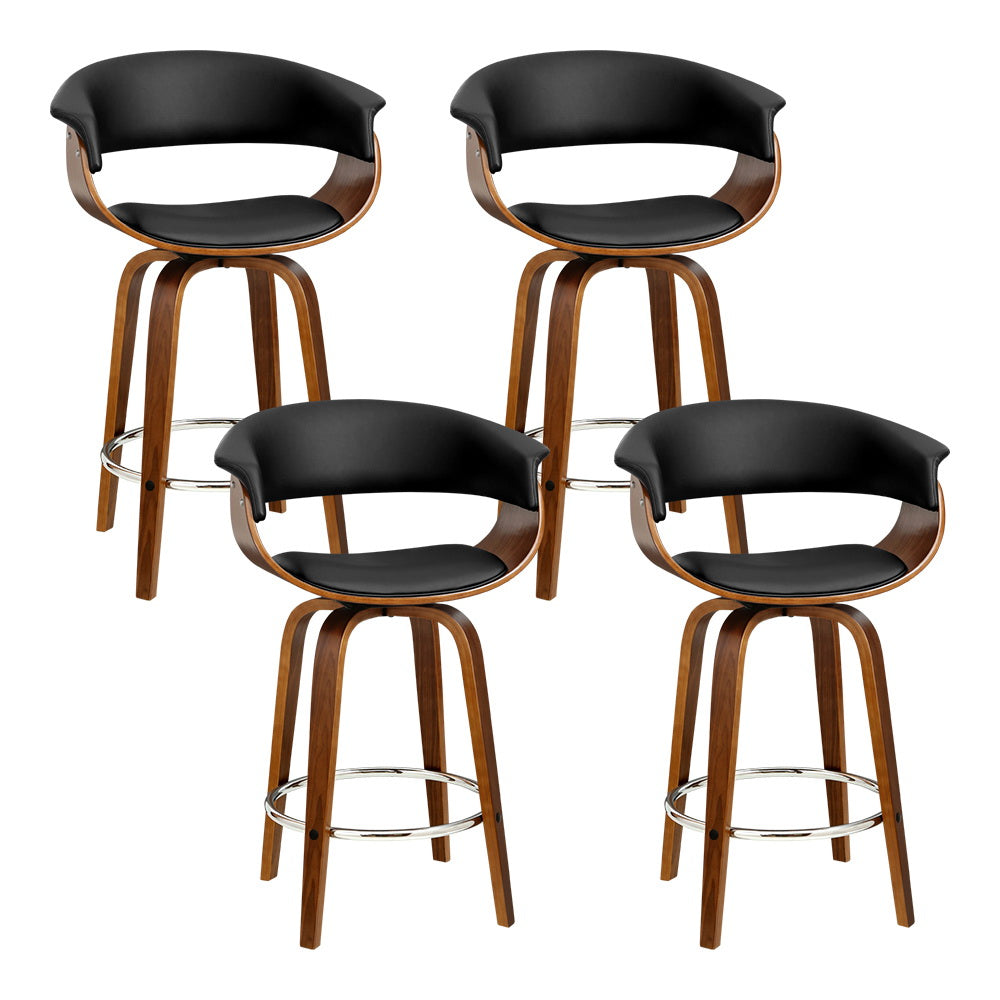 Set of 4 Swivel Bar Stools – Bentwood Frame | PU Leather Padded Seat &amp; Armrests | 150kg | Walnut &amp; Black - Greenora Living