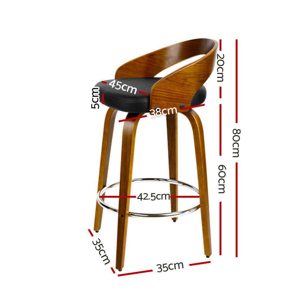 Set of 4 Swivel Bar Stools – Walnut Wood &amp; PU Leather | Chrome Footrest | Curved Low Back | Black - Greenora Living
