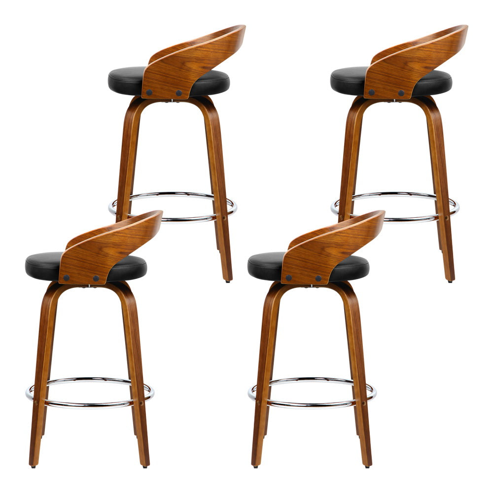 Set of 4 Swivel Bar Stools – Walnut Wood &amp; PU Leather | Chrome Footrest | Curved Low Back | Black - Greenora Living