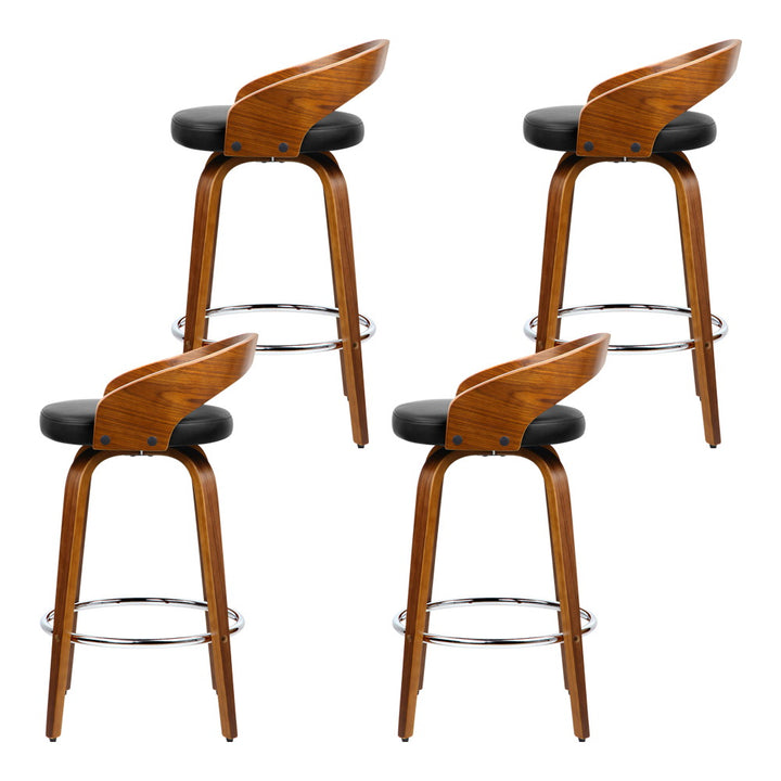 Set of 4 Swivel Bar Stools – Walnut Wood &amp; PU Leather | Chrome Footrest | Curved Low Back | Black - Greenora Living