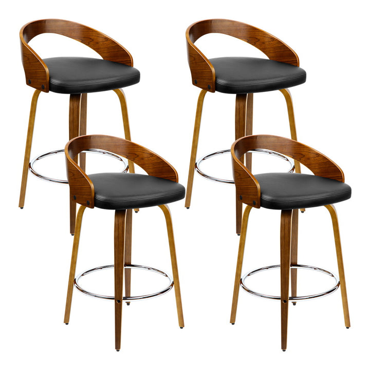 Set of 4 Swivel Bar Stools – Walnut Wood &amp; PU Leather | Chrome Footrest | Curved Low Back | Black - Greenora Living