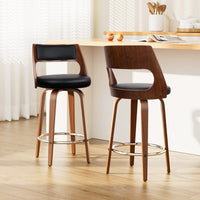 Walnut & Black Set of 2 Swivel Bar Stools – Plywood Frame | PU Leather Seat & Backrest | Chrome Footrest - Greenora Living