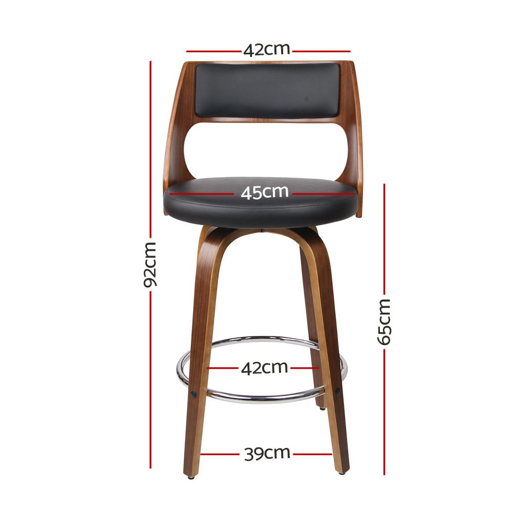 Walnut & Black Set of 2 Swivel Bar Stools – Plywood Frame | PU Leather Seat & Backrest | Chrome Footrest - Greenora Living