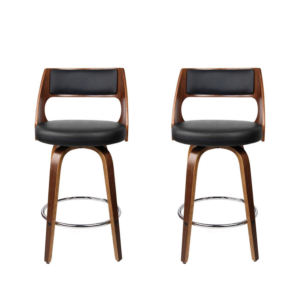 Walnut &amp; Black Set of 2 Swivel Bar Stools – Plywood Frame | PU Leather Seat &amp; Backrest | Chrome Footrest - Greenora Living