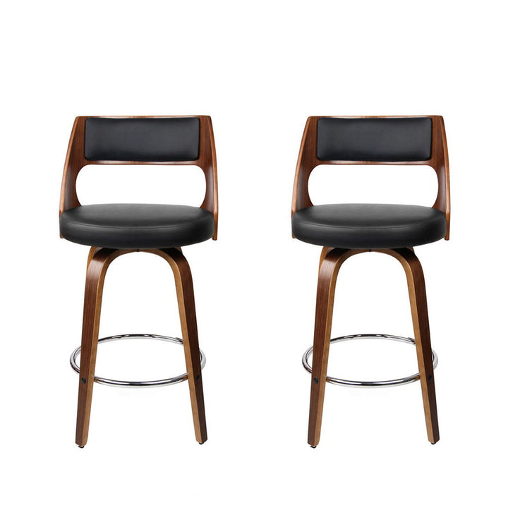Walnut &amp; Black Set of 2 Swivel Bar Stools – Plywood Frame | PU Leather Seat &amp; Backrest | Chrome Footrest - Greenora Living