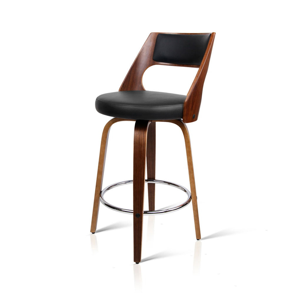 Walnut &amp; Black Set of 2 Swivel Bar Stools – Plywood Frame | PU Leather Seat &amp; Backrest | Chrome Footrest - Greenora Living