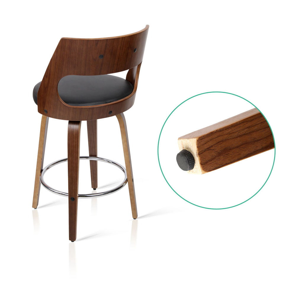 Walnut &amp; Black Set of 2 Swivel Bar Stools – Plywood Frame | PU Leather Seat &amp; Backrest | Chrome Footrest - Greenora Living