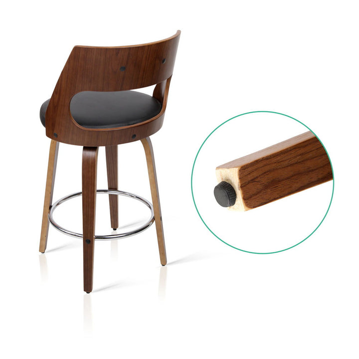 Walnut &amp; Black Set of 2 Swivel Bar Stools – Plywood Frame | PU Leather Seat &amp; Backrest | Chrome Footrest - Greenora Living