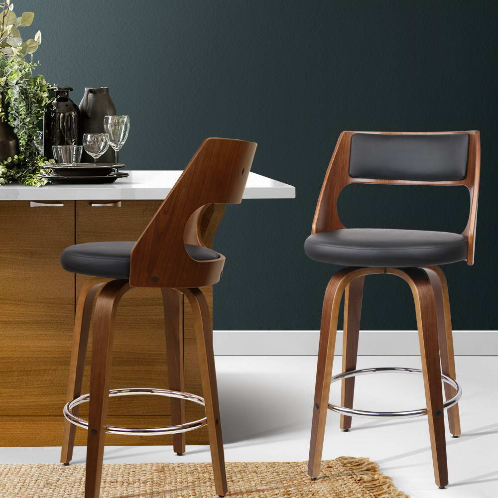 Walnut & Black Set of 2 Swivel Bar Stools – Plywood Frame | PU Leather Seat & Backrest | Chrome Footrest - Greenora Living
