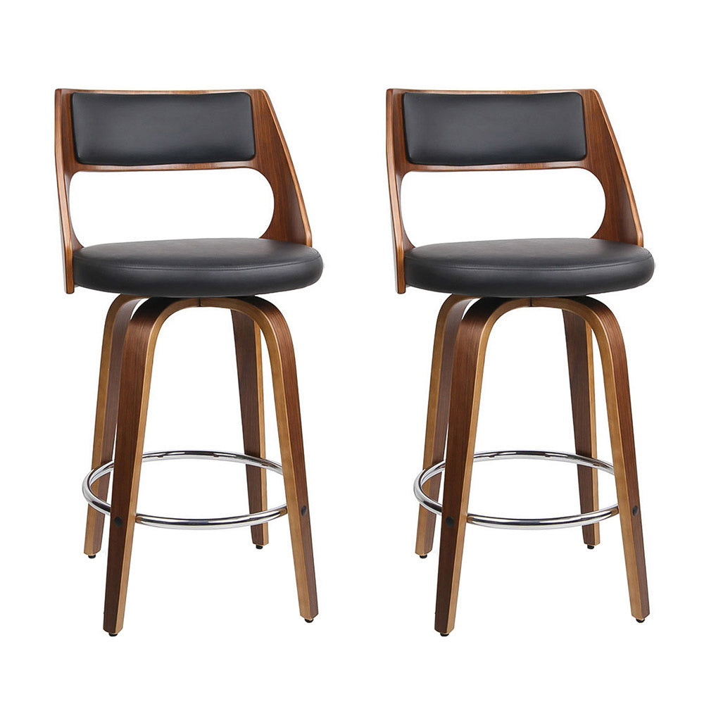 Walnut &amp; Black Set of 2 Swivel Bar Stools – Plywood Frame | PU Leather Seat &amp; Backrest | Chrome Footrest - Greenora Living
