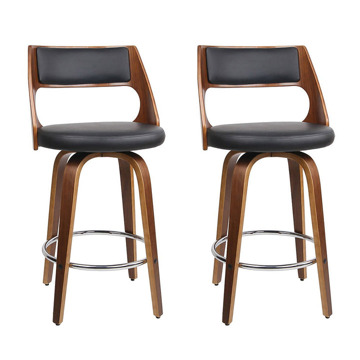 Walnut &amp; Black Set of 2 Swivel Bar Stools – Plywood Frame | PU Leather Seat &amp; Backrest | Chrome Footrest - Greenora Living