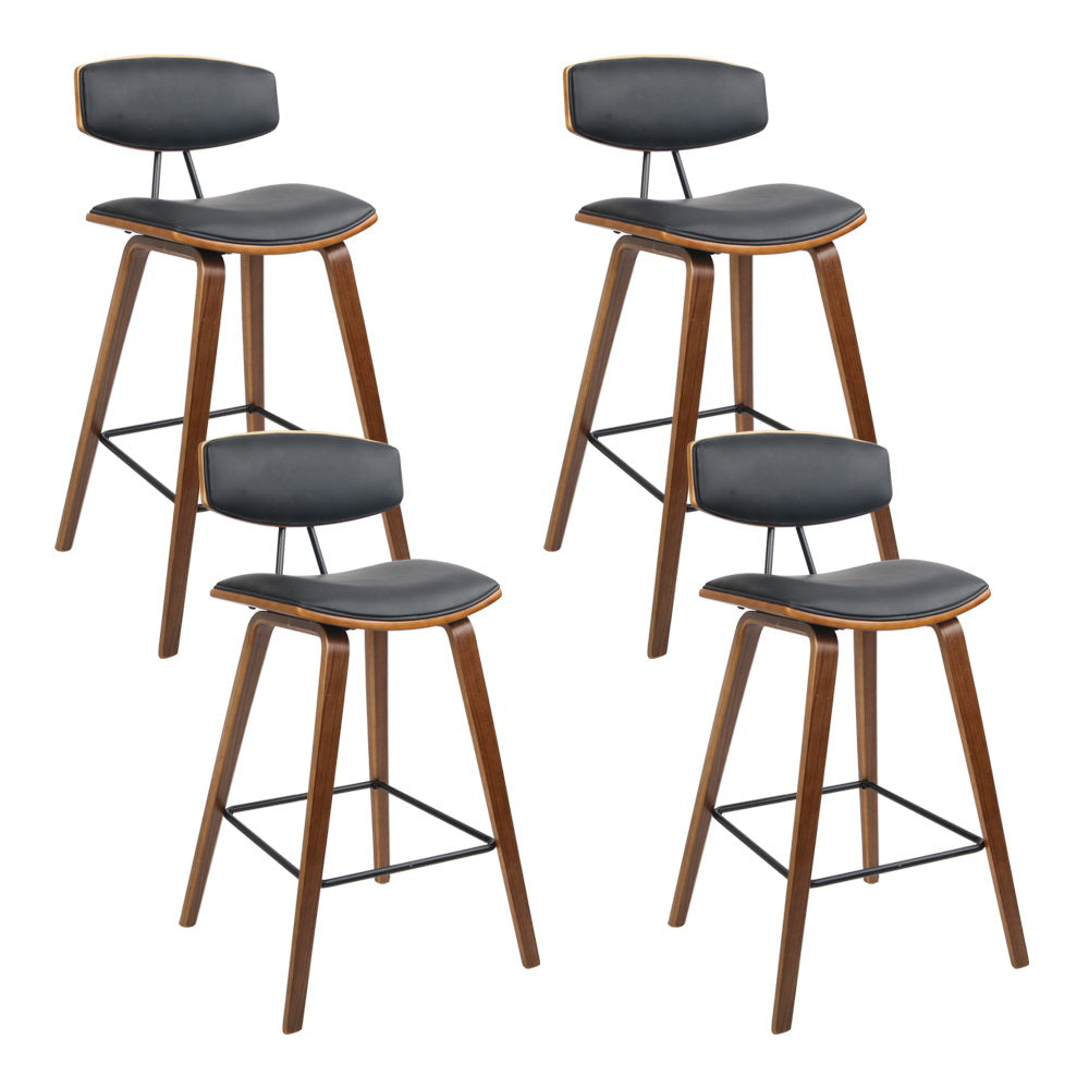 Set of 4 Bentwood Bar Stools | PU Leather Padded Seat &amp; Backrest | Metal Footrest | 130kg | Walnut &amp; Black - Greenora Living