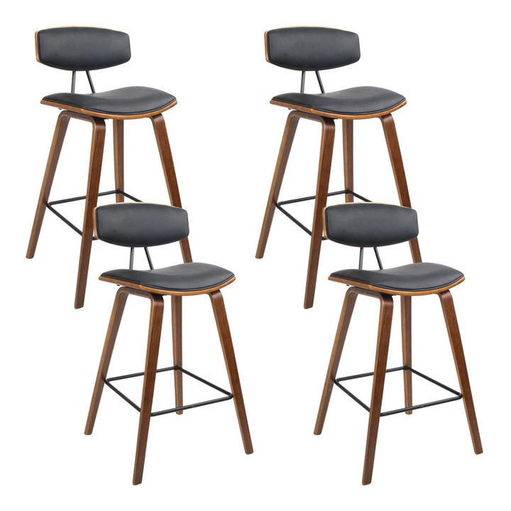 Set of 4 Bentwood Bar Stools | PU Leather Padded Seat &amp; Backrest | Metal Footrest | 130kg | Walnut &amp; Black - Greenora Living