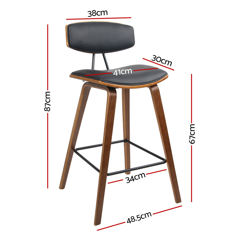 Set of 4 Bentwood Bar Stools | PU Leather Padded Seat &amp; Backrest | Metal Footrest | 130kg | Walnut &amp; Black - Greenora Living