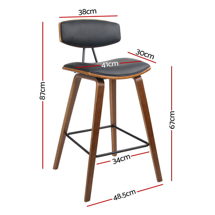 Set of 4 Bentwood Bar Stools | PU Leather Padded Seat &amp; Backrest | Metal Footrest | 130kg | Walnut &amp; Black - Greenora Living