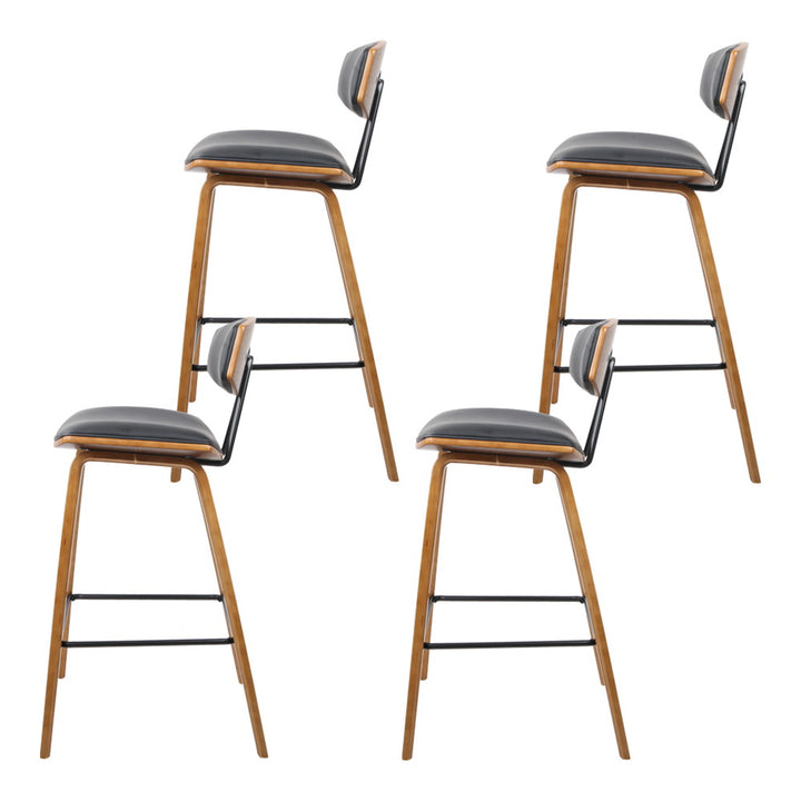 Set of 4 Bentwood Bar Stools | PU Leather Padded Seat &amp; Backrest | Metal Footrest | 130kg | Walnut &amp; Black - Greenora Living
