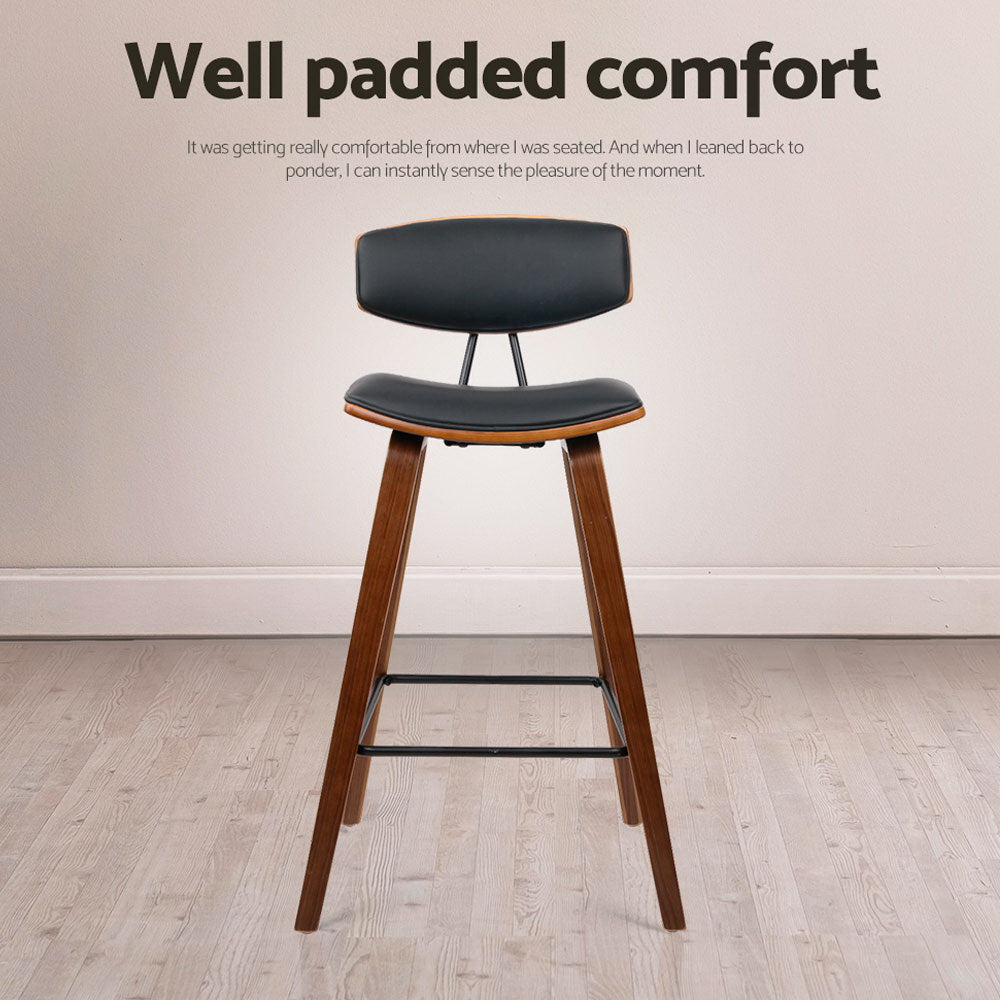 Set of 4 Bentwood Bar Stools | PU Leather Padded Seat &amp; Backrest | Metal Footrest | 130kg | Walnut &amp; Black - Greenora Living