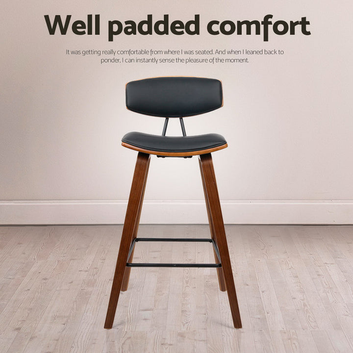 Set of 4 Bentwood Bar Stools | PU Leather Padded Seat &amp; Backrest | Metal Footrest | 130kg | Walnut &amp; Black - Greenora Living