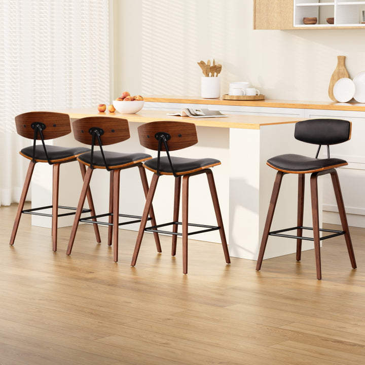 Set of 4 Bentwood Bar Stools | PU Leather Padded Seat &amp; Backrest | Metal Footrest | 130kg | Walnut &amp; Black - Greenora Living