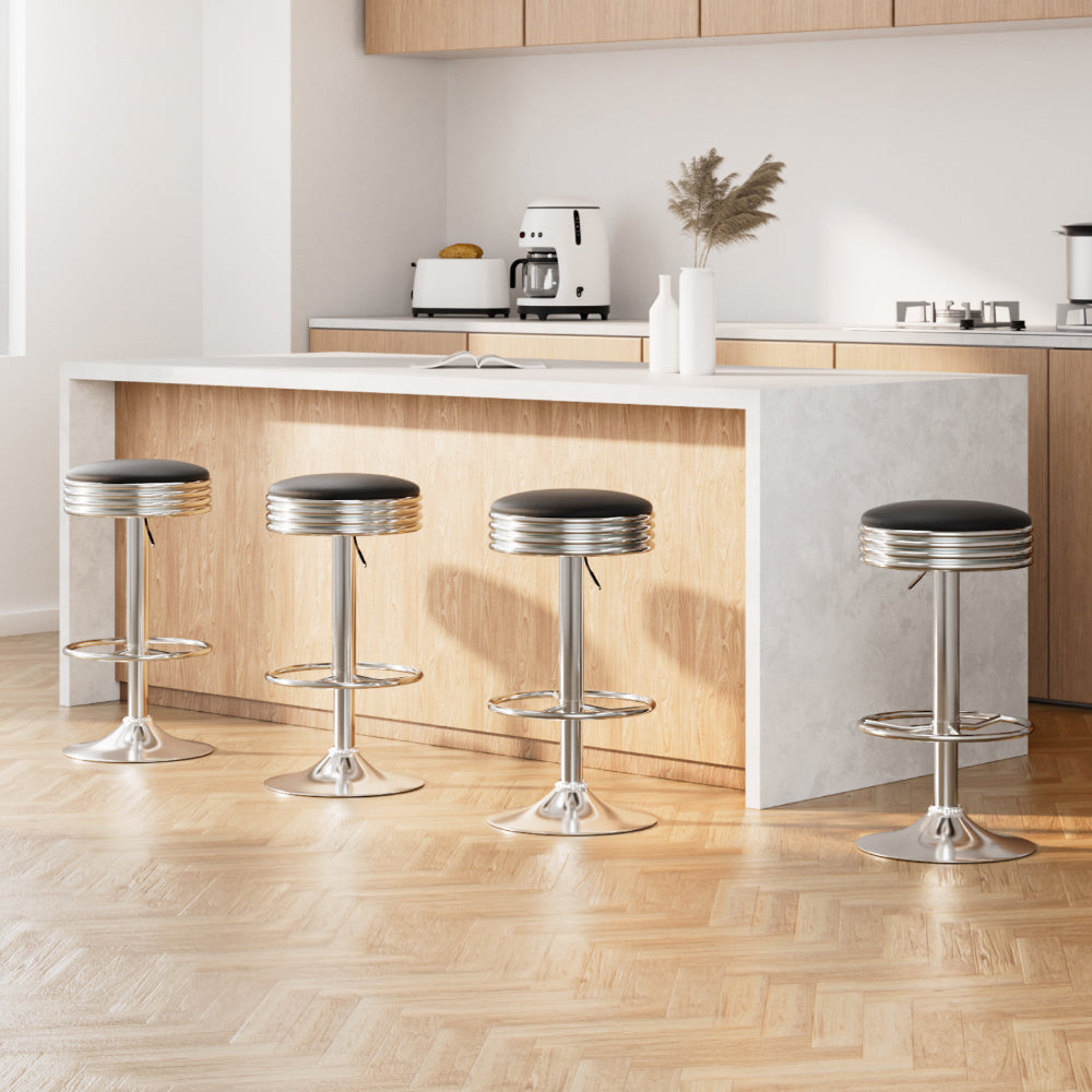 Set of 4 Gas Lift Swivel Bar Stools – PU Leather Seat | Chrome Steel Base | 130kg | Black - Greenora Living