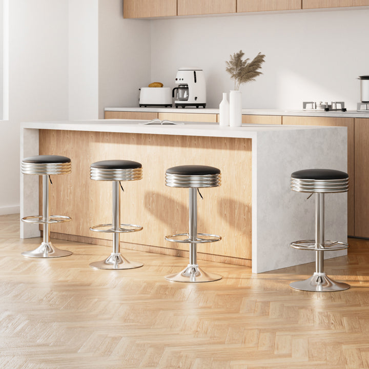 Set of 4 Gas Lift Swivel Bar Stools – PU Leather Seat | Chrome Steel Base | 130kg | Black - Greenora Living