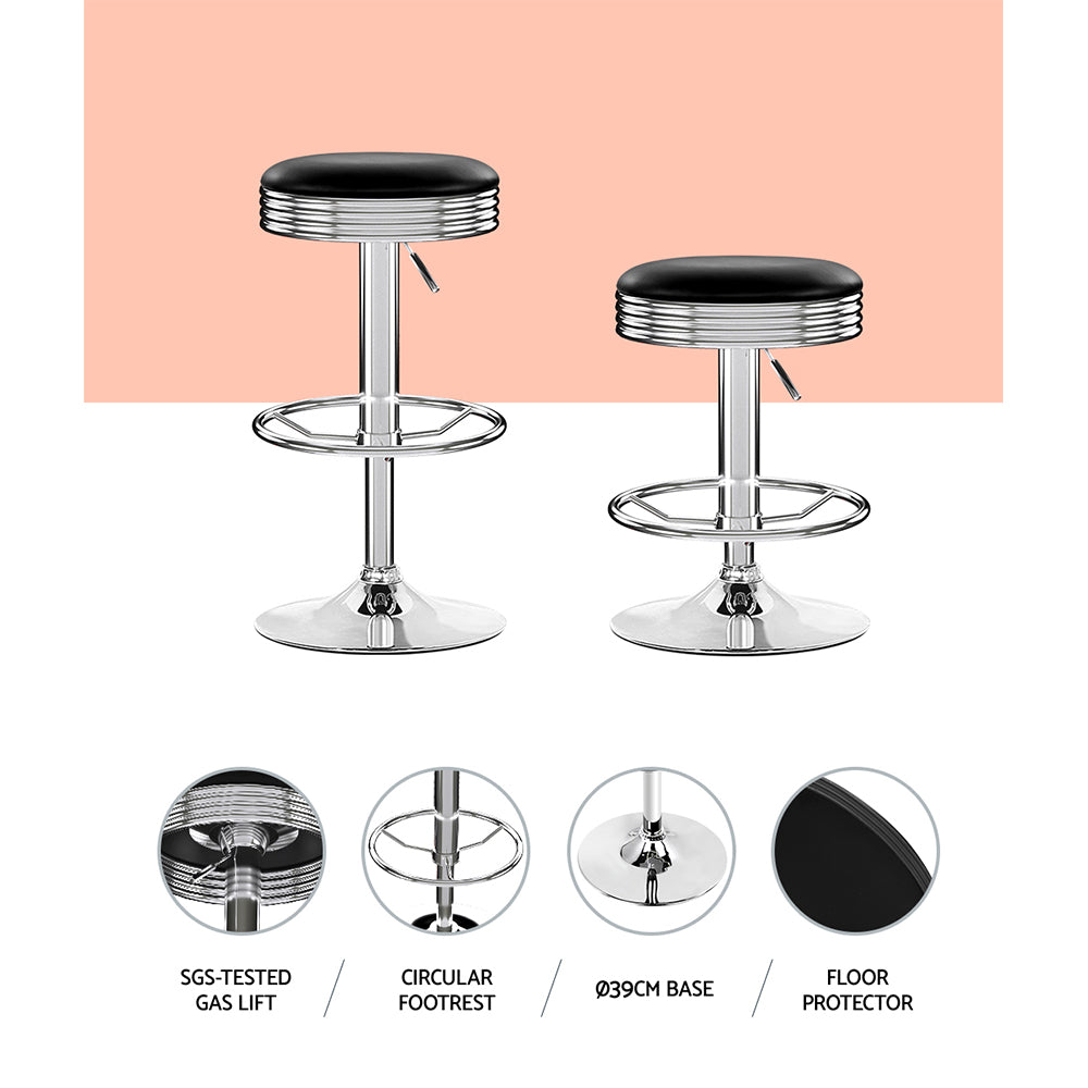 Set of 4 Gas Lift Swivel Bar Stools – PU Leather Seat | Chrome Steel Base | 130kg | Black - Greenora Living