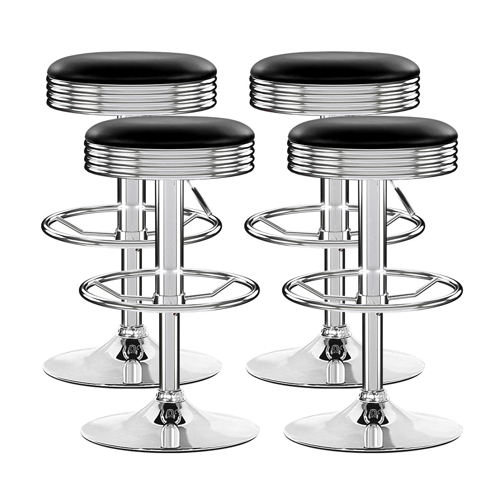 Set of 4 Gas Lift Swivel Bar Stools – PU Leather Seat | Chrome Steel Base | 130kg | Black - Greenora Living