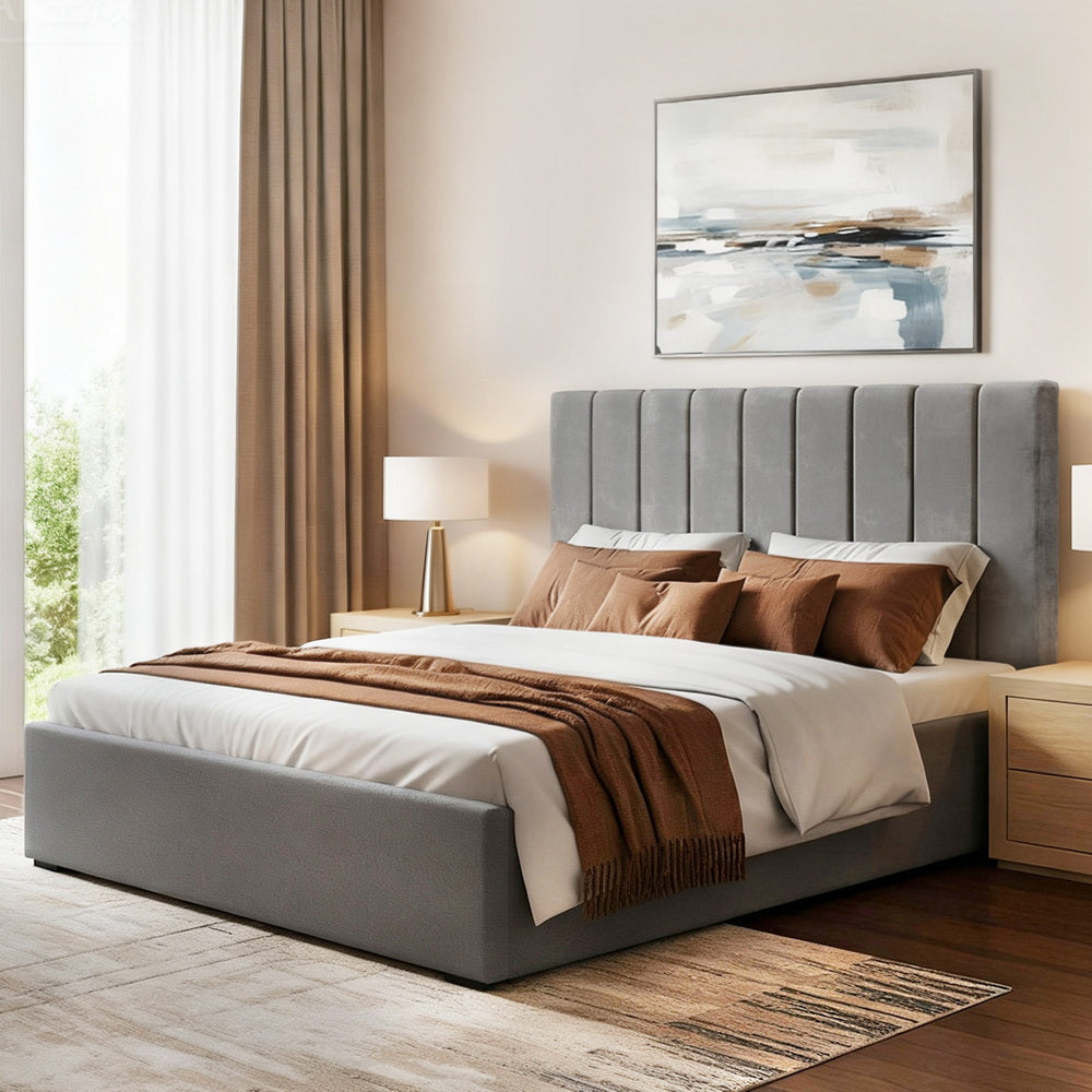 Toki Grey Art Deco Velvet Double Bed Frame – Gas Lift Storage | Faux Linen Base | 300kg - Greenora Living