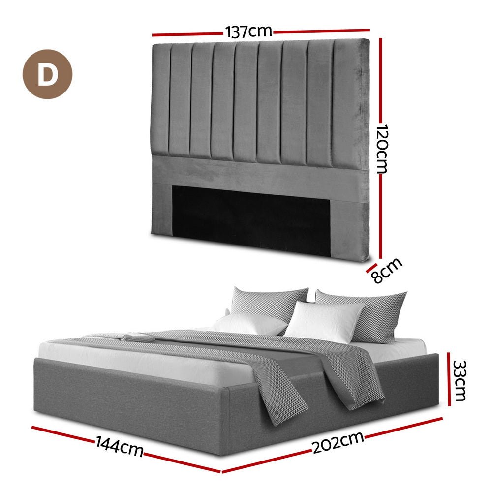 Toki Grey Art Deco Velvet Double Bed Frame – Gas Lift Storage | Faux Linen Base | 300kg - Greenora Living