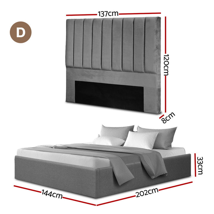 Toki Grey Art Deco Velvet Double Bed Frame – Gas Lift Storage | Faux Linen Base | 300kg - Greenora Living