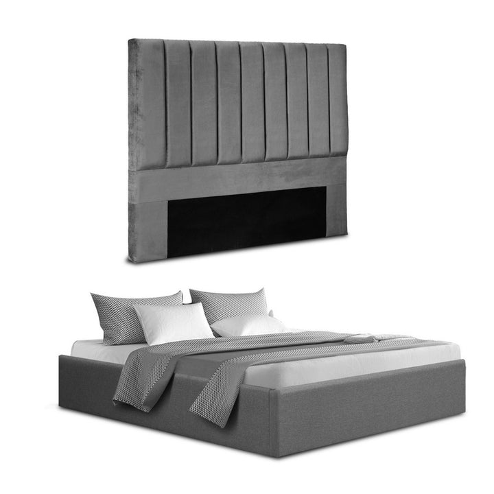 Toki Grey Art Deco Velvet Double Bed Frame – Gas Lift Storage | Faux Linen Base | 300kg - Greenora Living