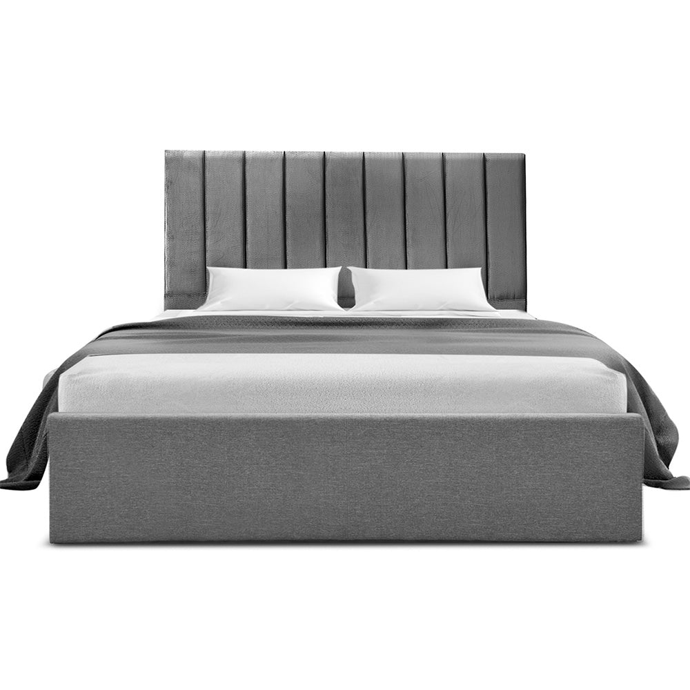 Toki Grey Art Deco Velvet Queen Bed Frame – Gas Lift Storage | Faux Linen Base | 300kg - Greenora Living