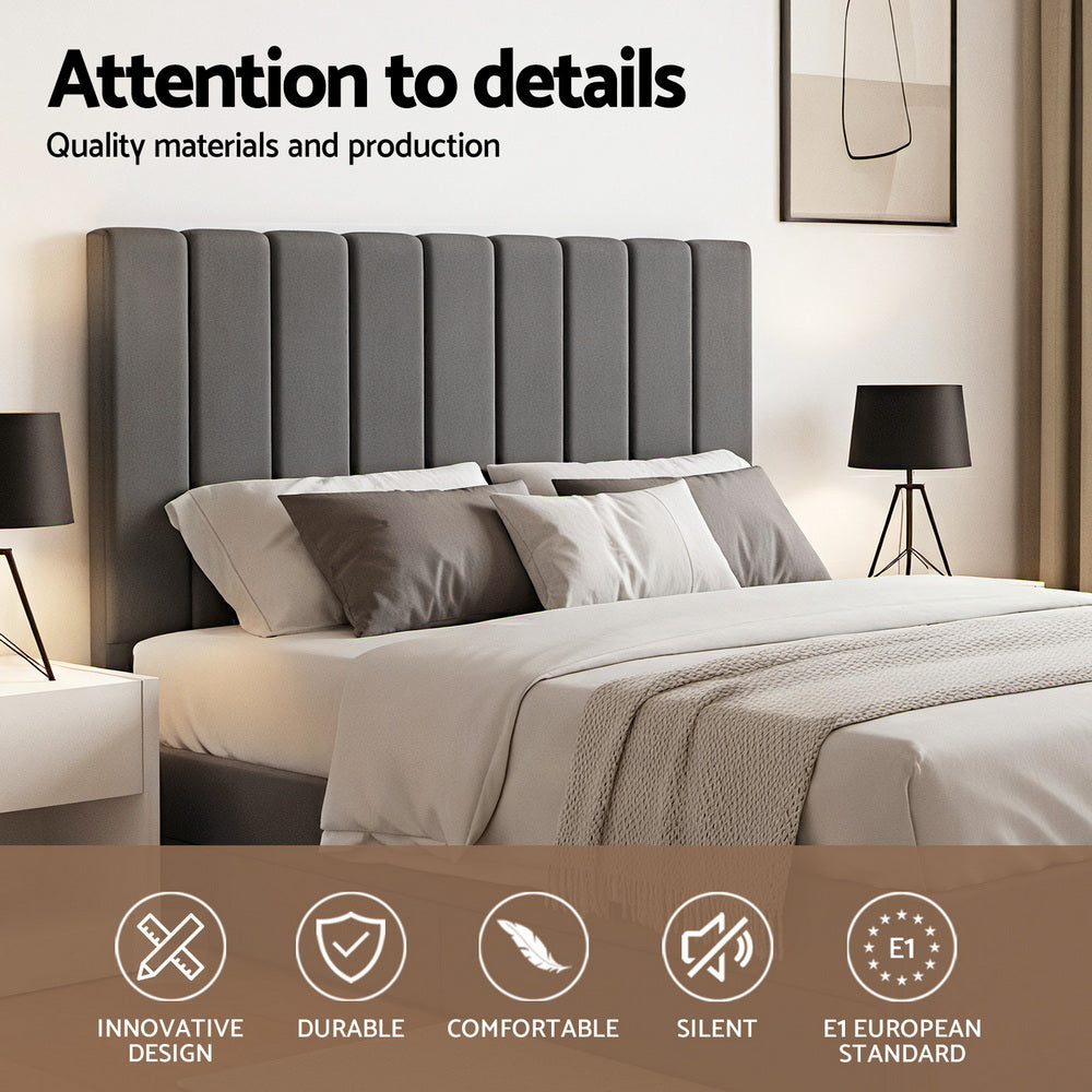 Toki Grey Art Deco Velvet Queen Bed Frame – Gas Lift Storage | Faux Linen Base | 300kg - Greenora Living