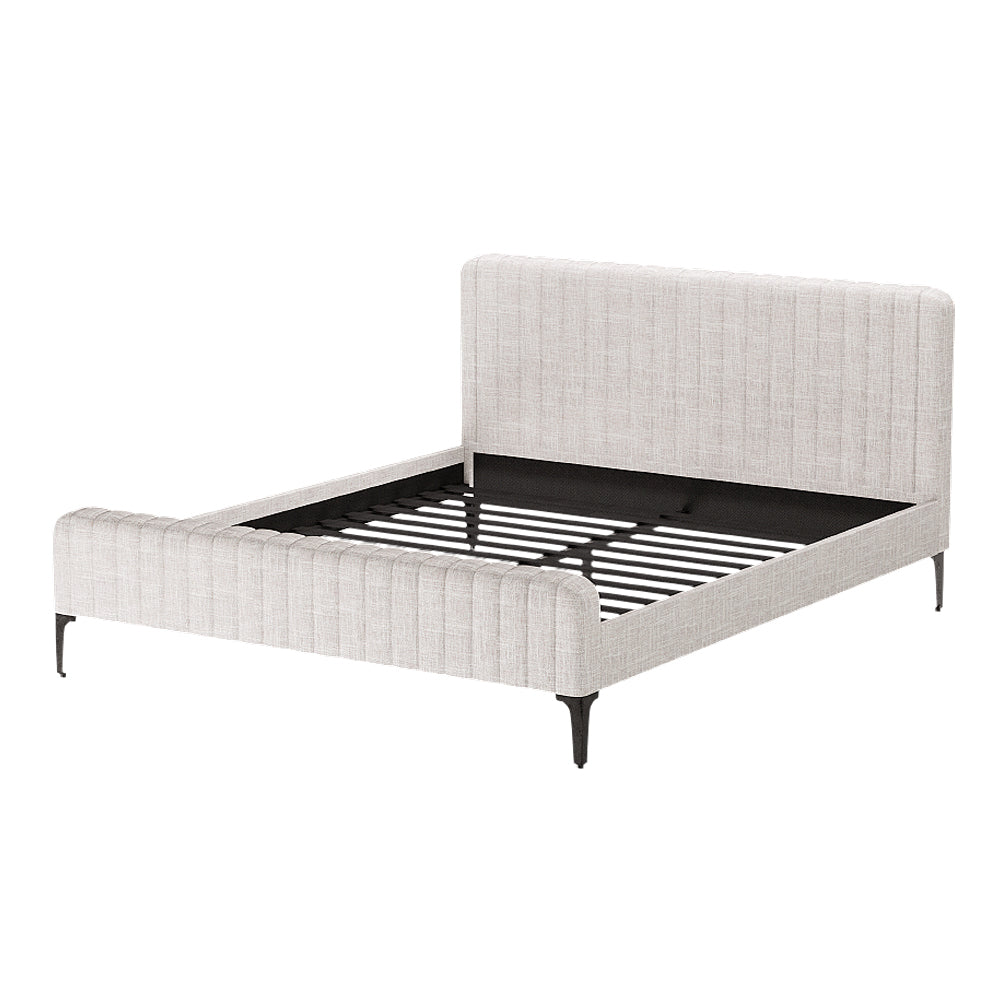 Ammy Beige Faux Linen King Bed Frame – High-Density Foam | Wooden Slats | Steel Legs | 300kg - Greenora Living