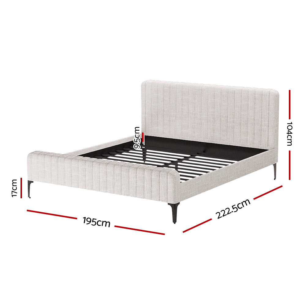 Ammy Beige Faux Linen King Bed Frame – High-Density Foam | Wooden Slats | Steel Legs | 300kg - Greenora Living