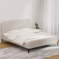 Ammy Beige Faux Linen King Bed Frame | High-Density Foam & Wooden Slats | Greenora Living Australia