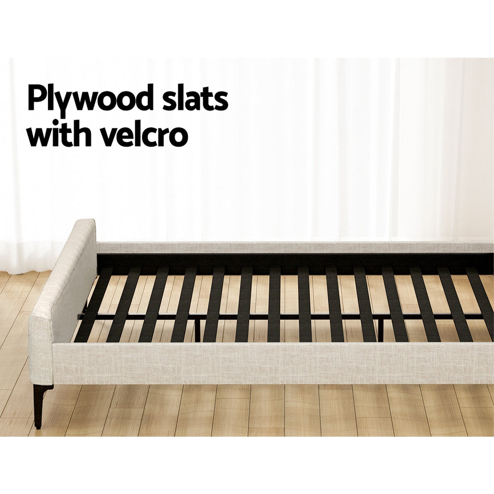 Ammy Beige Faux Linen King Bed Frame – High-Density Foam | Wooden Slats | Steel Legs | 300kg - Greenora Living