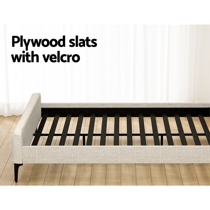 Ammy Beige Faux Linen King Bed Frame – High-Density Foam | Wooden Slats | Steel Legs | 300kg - Greenora Living