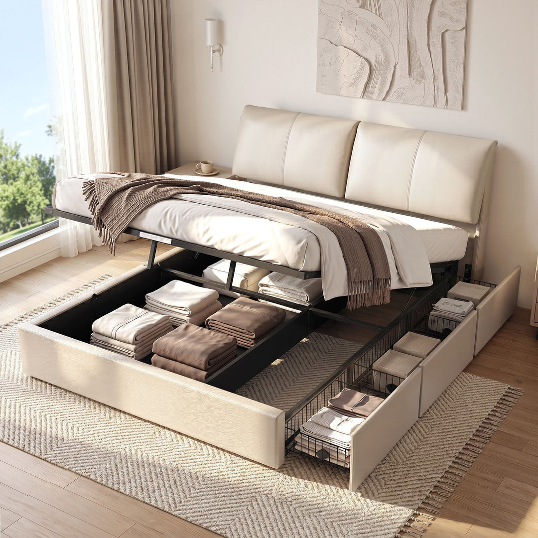 Atlas King Bed Frame | Gas Lift Storage, 3 Drawers, 4-Angle Adjustable Headboard, Beige PVC | Greenora Living Australia