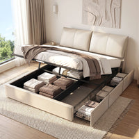 Atlas King Bed Frame | Gas Lift Storage, 3 Drawers, 4-Angle Adjustable Headboard, Beige PVC | Greenora Living Australia
