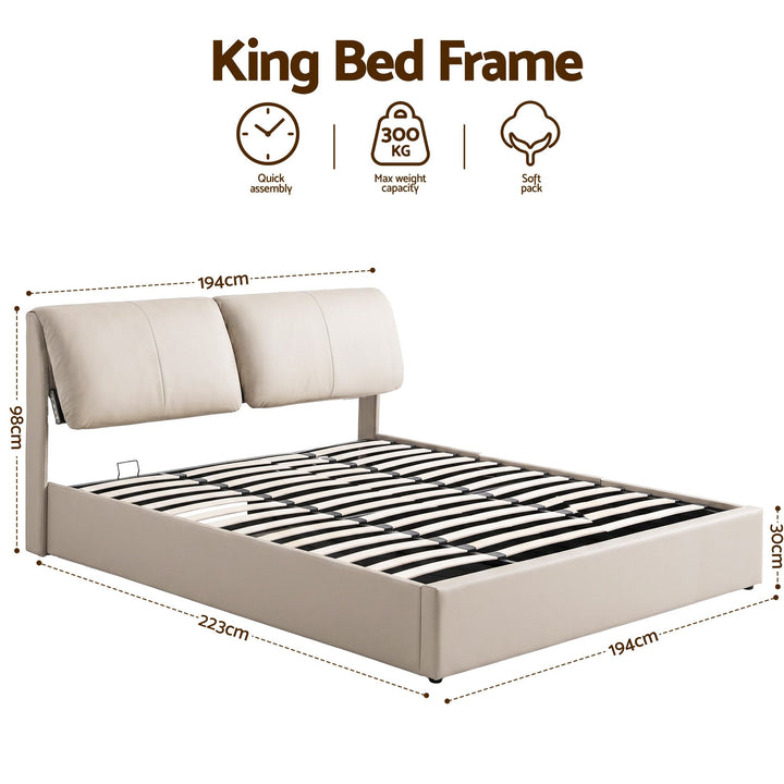 Atlas King Bed Frame | Gas Lift Storage, 3 Drawers, 4-Angle Adjustable Headboard, Beige PVC | Greenora Living Australia