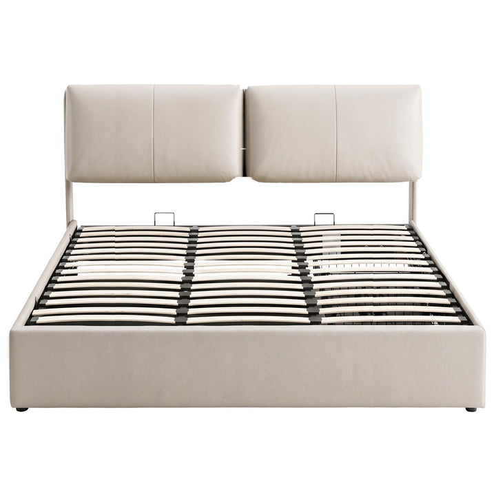 Atlas King Bed Frame | Gas Lift Storage, 3 Drawers, 4-Angle Adjustable Headboard, Beige PVC | Greenora Living Australia