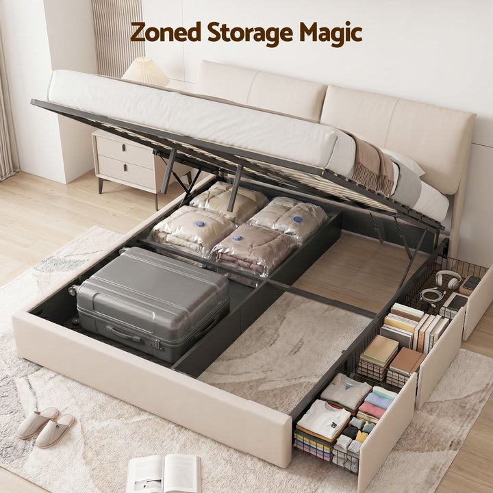 Atlas King Bed Frame | Gas Lift Storage, 3 Drawers, 4-Angle Adjustable Headboard, Beige PVC | Greenora Living Australia