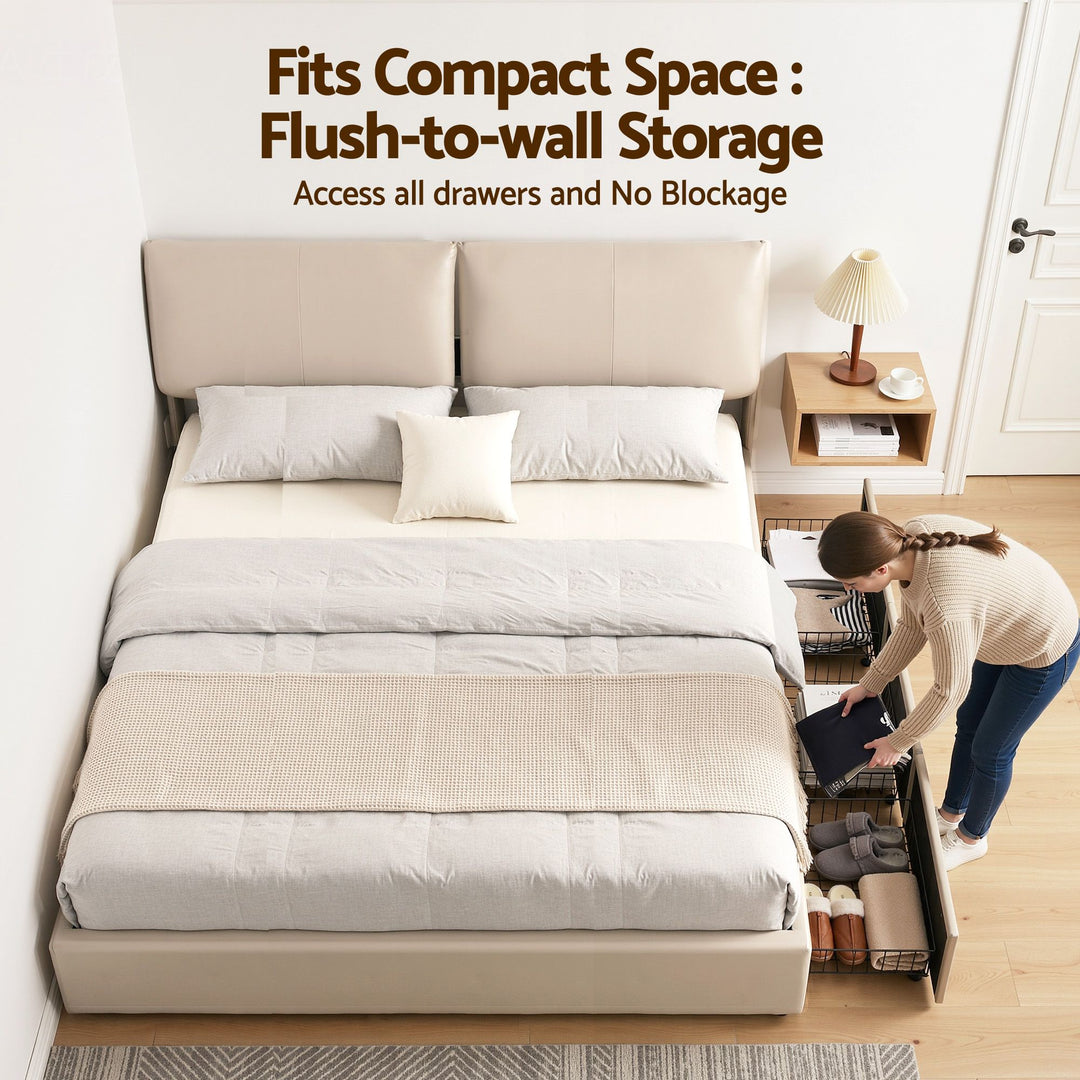 Atlas King Bed Frame | Gas Lift Storage, 3 Drawers, 4-Angle Adjustable Headboard, Beige PVC | Greenora Living Australia