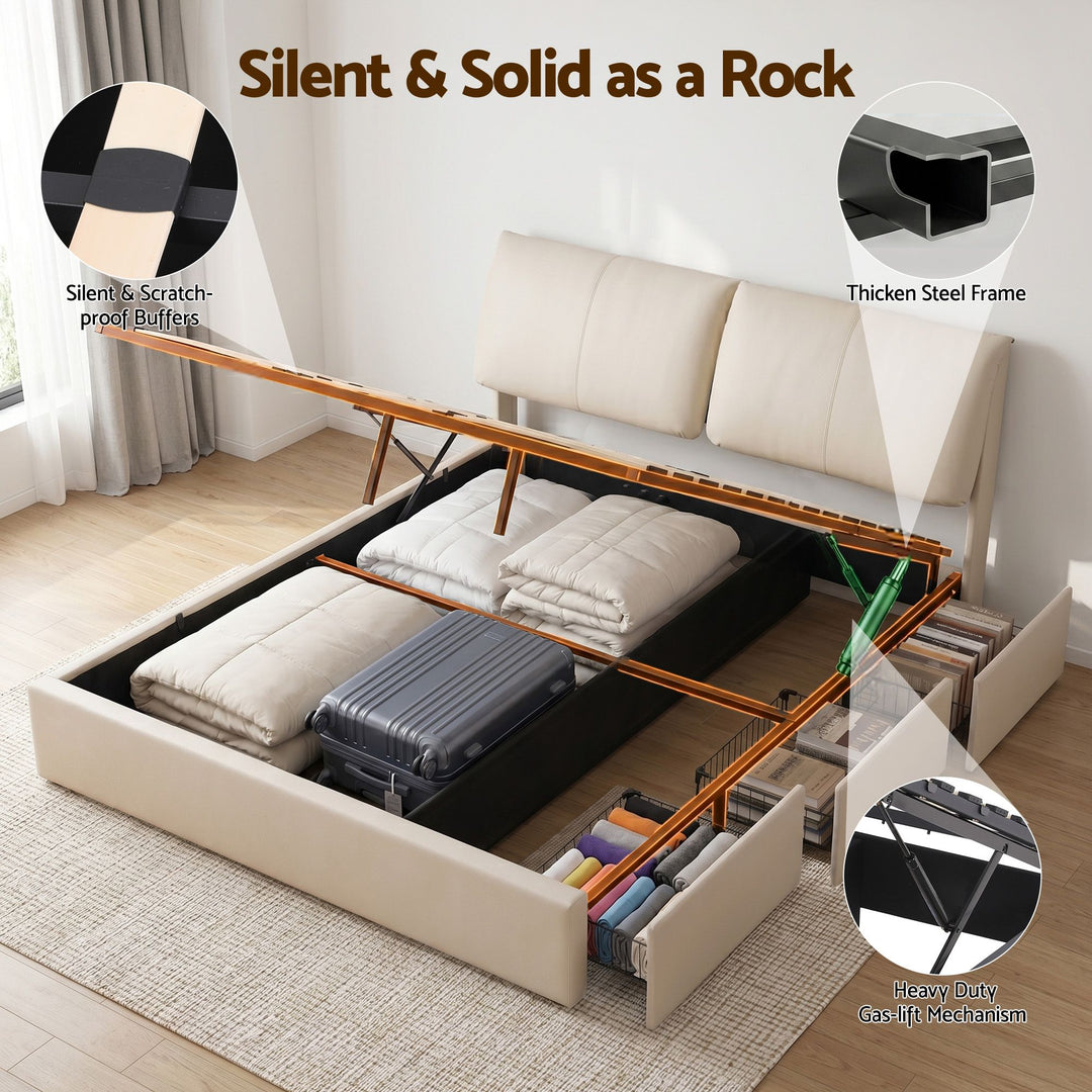 Atlas King Bed Frame | Gas Lift Storage, 3 Drawers, 4-Angle Adjustable Headboard, Beige PVC | Greenora Living Australia