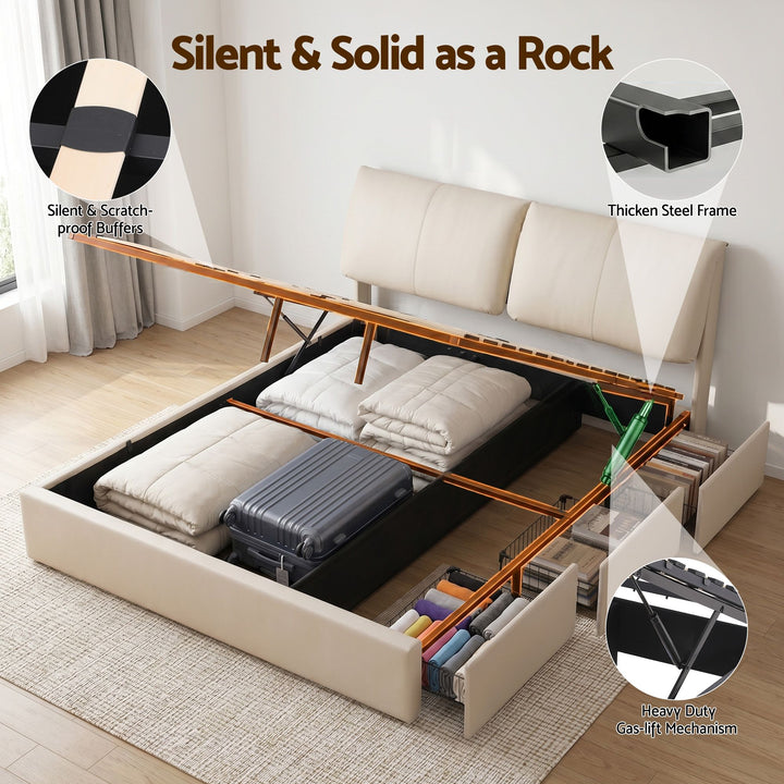 Atlas King Bed Frame | Gas Lift Storage, 3 Drawers, 4-Angle Adjustable Headboard, Beige PVC | Greenora Living Australia